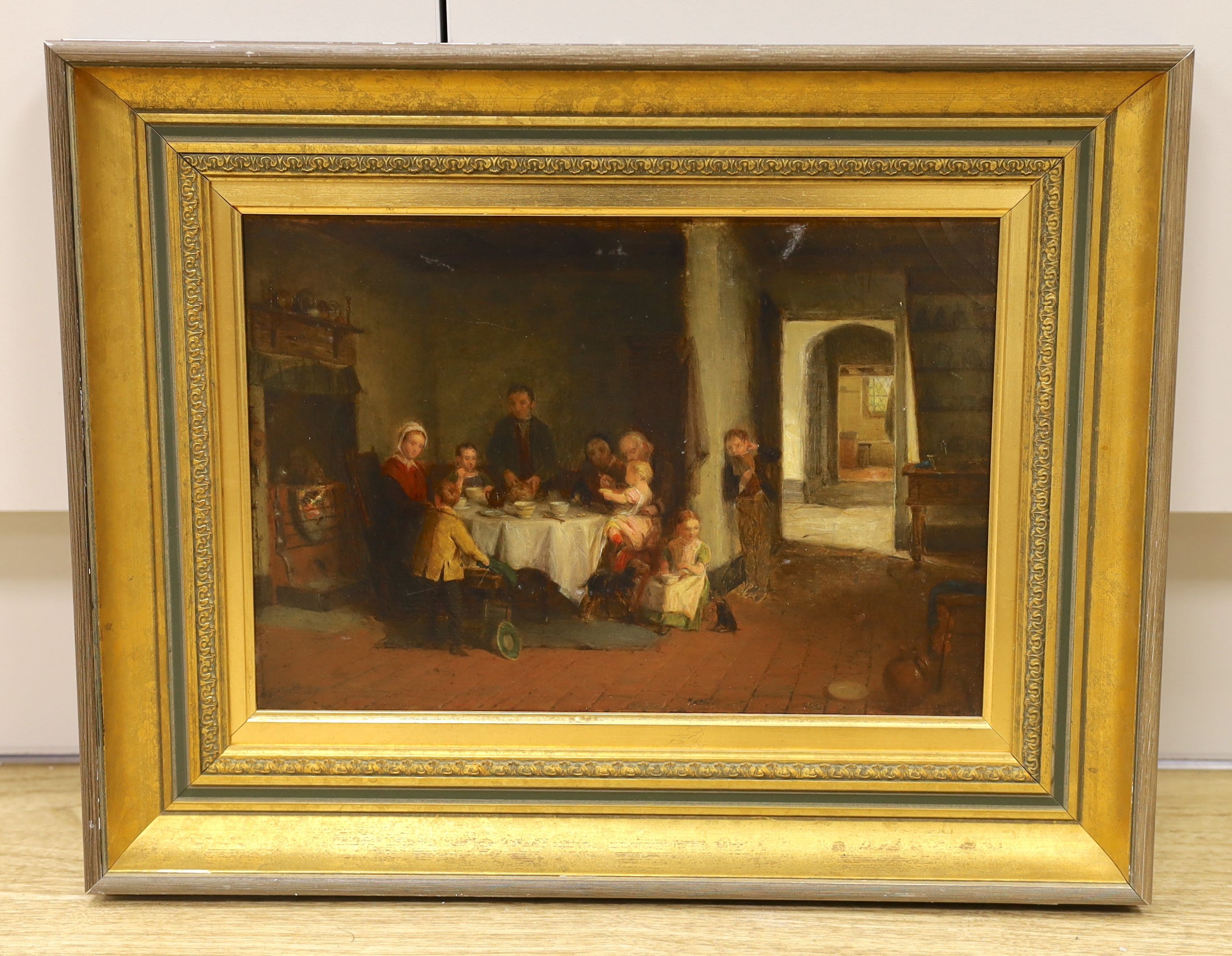 Thomas Webster R.A. (1800-1886) - oil on board,' Breakfast', sketch painted for a picture purchased by Lord Northwick in 1837, inscribed by Webster in 1878, 22 x 32cm